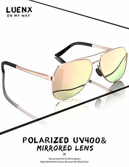 Picture of LUENX Women Aviator Sunglasses Polarized Shades Flexible Spring Hinge - Pink Mirror Lens Rose Gold Metal Frame 60mm