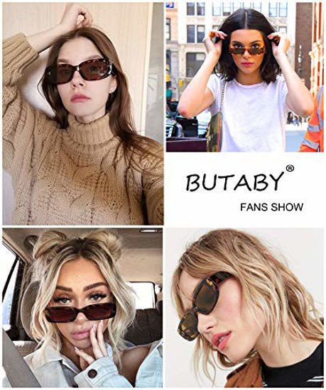 Picture of BUTABY Rectangle Sunglasses for Women Retro Driving Glasses 90s Vintage Fashion Narrow Square Frame UV400 Protection 2 Tortoise