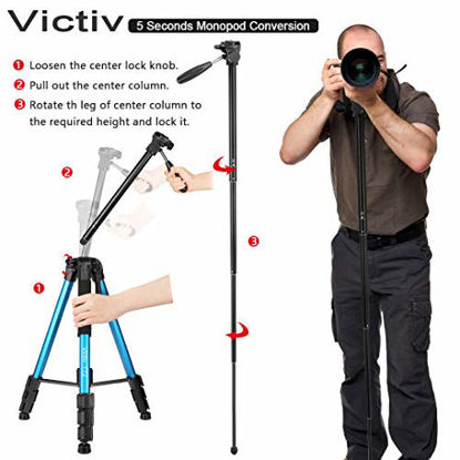 Picture of Victiv 72-inch Camera Tripod Aluminum T72 with Phone Tripod Mount- Lightweight Tripod & Monopod Compact for Travel with 2 Quick Release Plates for Canon Nikon DSLR Video Shooting - Blue