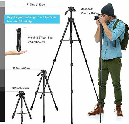Picture of 75-Inch Camera/Phone Tripod, Aluminum Tripod/Monopod Full Size for DSLR with 2 Quick Release Plates,Universal Phone Mount and Convenient Carrying Case Ideal for Travel and Work - MH1 Black