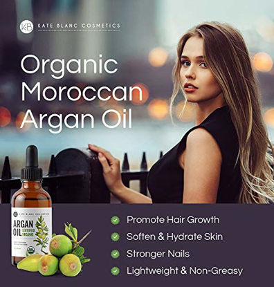 Picture of Moroccan Argan Oil, USDA Certified Organic, Virgin, 100% Pure, Cold Pressed by Kate Blanc. Stimulate Growth for Dry and Damaged Hair. Skin Moisturizer. Nails Protector. (Light 4oz)