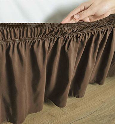 Picture of Biscaynebay Wrap Around Bed Skirts Elastic Dust Ruffles, Easy Fit Wrinkle and Fade Resistant Silky Luxrious Fabric Solid Color, Brown for Twin and Twin XL Size Beds 21 Inches Drop