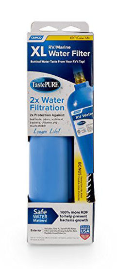 Picture of Camco 40019 TastePURE XL RV/Marine Water Filter with Flexible Hose Protector | Protects Against Bacteria | Reduces Bad Taste, Odor, Chlorine and Sediment,Extra Large Filter & Hose Protector
