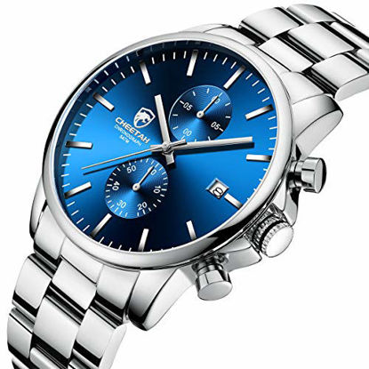 Picture of GOLDEN HOUR Men's Watches with Silver Plated Stainless Steel and Metal Casual Waterproof Chronograph Quartz Watch, Auto Date in Royal Blue Dial