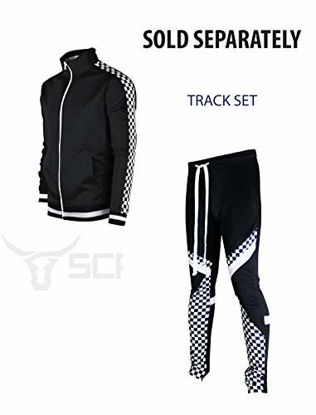 Picture of SCREENSHOTBRAND-P11030 Mens Hip Hop Premium Slim Fit Track Pants - Athletic Jogger Diagonal Triangular Color Block Patch Bottoms-Black/Checker-Medium