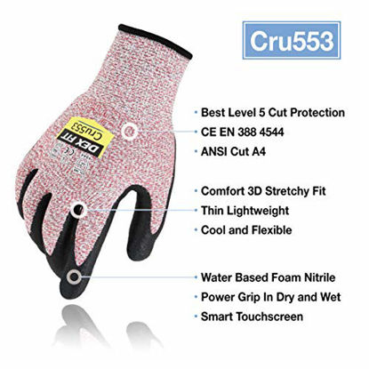 Picture of DEX FIT Level 5 Cut Resistant Gloves Cru553, 3D Comfort Stretch Fit, Power Grip Foam Nitrile, Smart Touch, Durable Thin & Lightweight, Machine Washable, Red Small 1 Pair