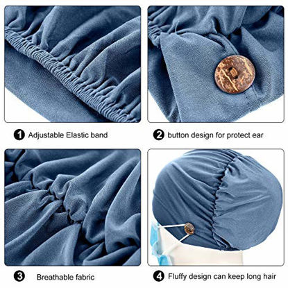 Picture of 3 Pieces Bouffant Caps with Buttons Unisex Stretchy Headband Turban with Ear Loop Holder Buttons for Women (Lake Blue, Deep Pink, Blue)