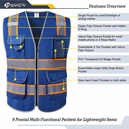 Picture of JKSafety 9 Pockets High Visibility Zipper Front Safety Vest | Blue with Dual Tone High Reflective Strips | Meets ANSI/ISEA Standards (Blue Orange Strips, Large)
