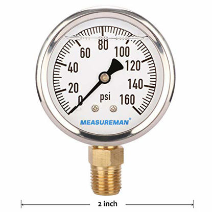 Picture of MEASUREMAN Lead-Free Glycerin Filled Pressure Gauge, 0-160psi, RV Regulator Replacement Pressure Gauge, 2" x 1/4"NPT Lower, Stainless Steel Case, Brass Inside,