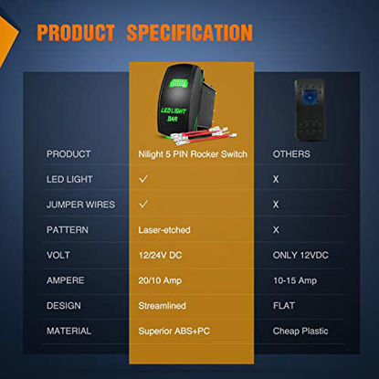 Picture of Nilight - NI-RS05 LED Light Bar Rocker Switch 5Pin Laser On/Off LED Light 20A/12V 10A/24V Switch Jumper Wires Set for Jeep Boat Trucks,2 Years Warranty