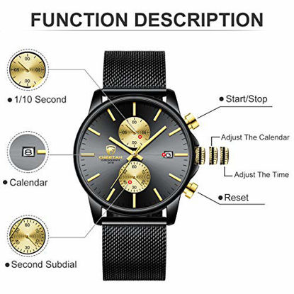Picture of Mens Watch Fashion Sport Quartz Analog Mesh Stainless Steel Waterproof Chronograph Watches, Auto Date in Gold Hands, Color: Gold Black