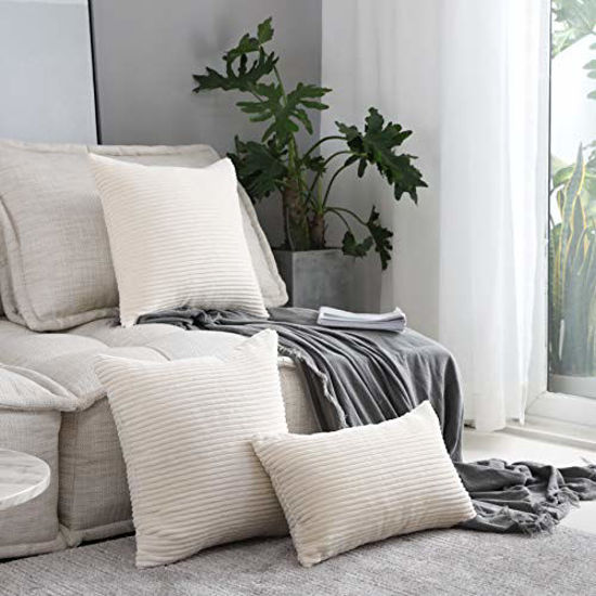 Picture of Home Brilliant Decor Decorative Striped Corduroy Solid Cushion Cover Throw Oblong Pillowcase for Sofa Kids Toddler, 12 x 20, Set of 2, Creamy White