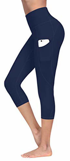 Lingswallow High Waist Yoga Pants - Yoga Pants with Pockets Tummy Control,  4 Ways Stretch Workout Running Yoga Leggings (Capris Navy Blue, Medium)