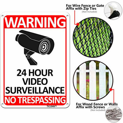Picture of TICONN 2-Pack 24 Hour Video Surveillance Sign, No Trespassing Aluminum Warning Sign, 10x7 for CCTV Security Camera - Reflective, UV Protected
