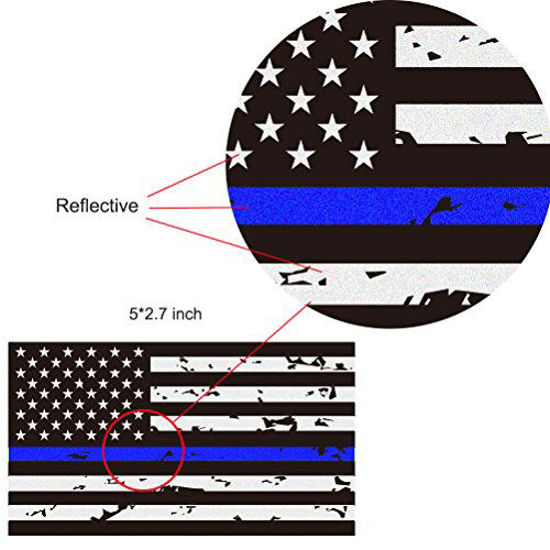 Picture of 5 Pack New Reflective Tattered Thin Blue Line US Flag Decal Stickers | Compatible with Cars & Trucks, 5" x 2.7" American USA Flag Decal Sticker Honoring Police Law Enforcement Vinyl Window Bumper Tape