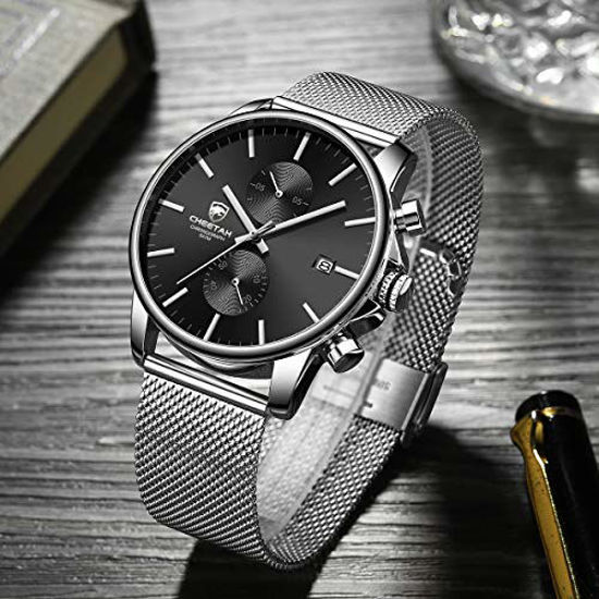 GOLDEN HOUR Mens Watch Fashion Sleek Minimalist Quartz Analog Mesh  Stainless Steel Waterproof Chronograph Watches for Men with Auto Date