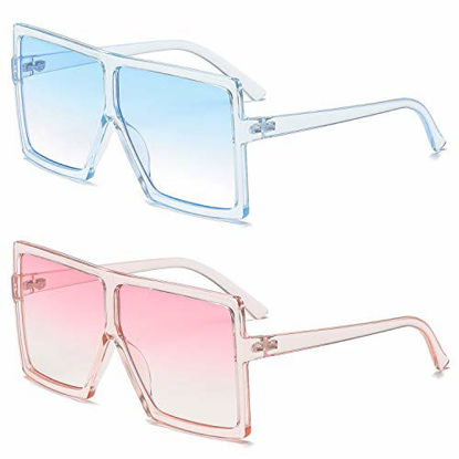 Picture of GRFISIA Square Oversized Sunglasses for Women Men Flat Top Fashion Shades (2pcs-clear blue- clear pink, 2.56)