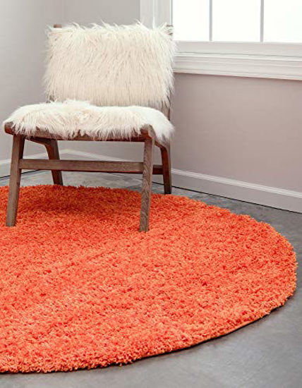 Picture of Unique Loom Solo Solid Shag Collection Modern Plush Tiger Orange Round Rug (8' 2 x 8' 2)