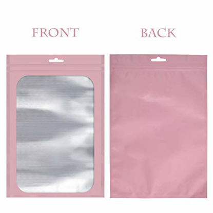 Picture of 100-pack resealable mylar ziplock bags with front window Smell Proof bag packaging pouch bag for lip gloss eyelash cookies sample food jewelry electronics |flat|cute|(Pink, 4.72×7.87 inches)