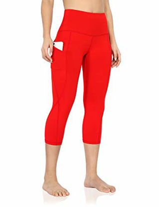 Picture of ODODOS Women's High Waisted Yoga Capris with Pocket, Workout Sports Running Athletic Capris with Pocket, Red,Medium