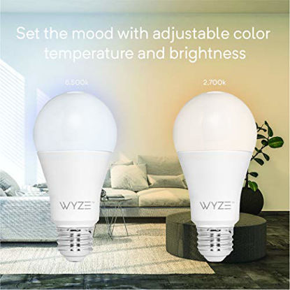 Picture of Wyze Bulb 800 Lumen A19 LED Smart Home Light Bulb, Adjustable white temperature and brightness, works with Alexa and the Google Assistant, No Hub Required, 4-Pack