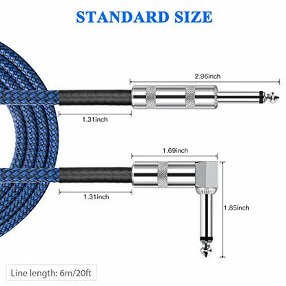 Picture of Guitar Cable 1/4 Inch Cable 20 Ft Straight to Right Angle 1/4 Inch 6.35mm Plug Bass Keyboard Instrument Cable Blue and Black Tweed Cloth Jacket, Electric Mandolin, pro Audio JOLGOO