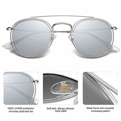 Picture of SOJOS Small Retro Round Polarized Sunglasses UV400 Double Bridge Sunnies SUNSET SJ1104 with Silver Frame/Shiny Crystal Rim/Silver Mirrored Lens