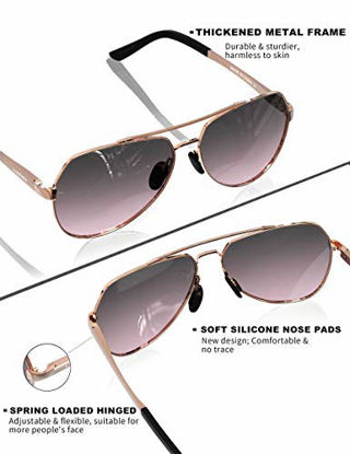 Picture of LUENX Women Aviator Sunglasses Polarized Shades Flexible Spring Hinge - Gradient Black Red Lens Rose Gold Metal Frame 60MM