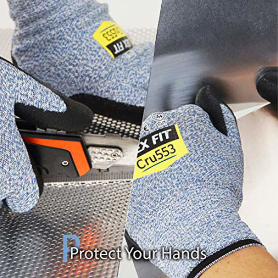 Picture of DEX FIT Level 5 Cut Resistant Gloves Cru553, 3D Comfort Stretch Fit, Power Grip, Durable Foam Nitrile, Smart Touch, Machine Washable, Thin & Lightweight, Blue X-Small 1 Pair