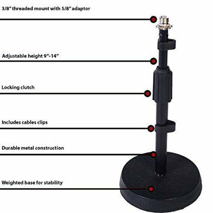 Picture of LyxPro Desktop Microphone Stand, 9- 14 Adjustable Height Desk Mic Holder, Weighted Cast Iron Base, 3/8" - 5/8" adapter screw, Table Top Non slip Rubber Feet