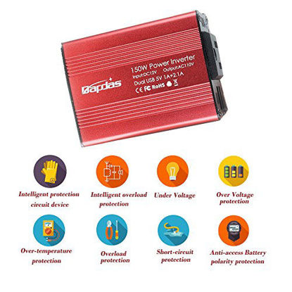 Picture of Bapdas 150W Car Power Inverter DC 12V to 110V AC Car Converter with 3.1A Dual USB Car Adapter-Red