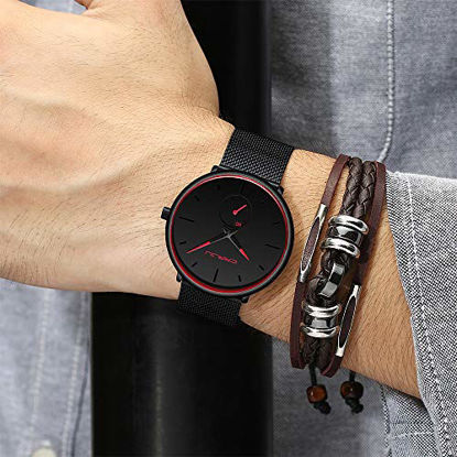 Picture of Mens Watches Ultra-Thin Minimalist Waterproof-Fashion Wrist Watch for Men Unisex Dress with Stainless Steel Mesh Band-Red Hands (New)