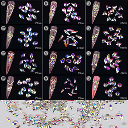 Picture of Warmfits AB Crystal Rhinestones Set, 1840pcs Rhinestones Nail Art Set Nail Gems Iridescent Clear Class Multi-Shape Flat Back Shiny Nail Jewels for Nail Art DIY Crafts Phones Clothes Shoes Jewelry Bag