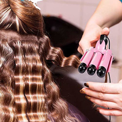 Picture of 3 Barrel Curling Iron Wand Dual Voltage Hair Crimper with LCD Temp Display - 1 Inch Ceramic Tourmaline Triple Barrels, Temperature Adjustable Portable Hair Waver Heats Up Quickly (Pink)