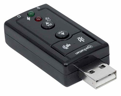 Picture of Manhattan Hi-Speed USB 2.0 3D 7.1 Sound Adapter, External Sound Card with 3.5 mm Audio and Microphone Ports, 7.1-Channel Virtual 3D Surround Sound, Internal Amplifier and Volume Controls