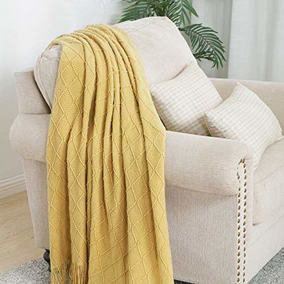 Picture of BOURINA Throw Blanket Textured Solid Soft Sofa Couch Decorative Knitted Blanket, 50" x 60", Mustard