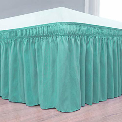 Picture of Biscaynebay Wrap Around Bed Skirts Elastic Dust Ruffles, Easy Fit Wrinkle and Fade Resistant Silky Luxrious Fabric Solid Color, Aqua for King and California King Size Beds 18 Inches Drop