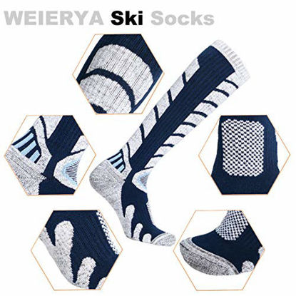 Picture of WEIERYA Ski Socks 2 Pairs Pack for Skiing, Snowboarding, Cold Weather, Winter Performance Socks (Blue 2 Pairs, Large)