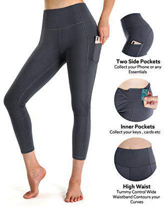 Picture of STYLEWORD Womens Yoga Pants with Pockets High Waist Workout Leggings Running Pants(Dark Gray Capris-090B 22inch,M)
