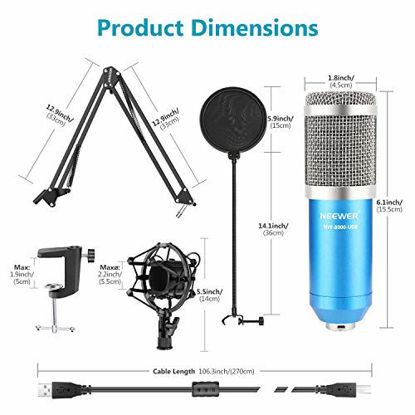 Picture of Neewer USB Microphone Kit 192KHZ/24BIT Plug&Play Computer Cardioid Mic Podcast Condenser Microphone with Professional Sound Chipset for YouTube/Gaming Record, Arm Stand/Shock Mount (Blue)(NW-8000-USB)