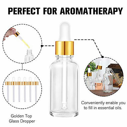 Picture of PrettyCare Eye Dropper Bottle 1 oz (24 Pack Clear Glass Bottles 30ml with Golden Caps, 2 Extra Measured Pipettes, 48 Labels, 2 Funnels ) Empty Tincture Bottles for Essential Oils, Perfume