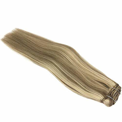 Picture of GOO GOO Hair Extensions Clip in Human Hair Ombre Light Blonde Highlighted Golden Blonde Remy Clip in Human Hair Extensions Thick Straight Real Hair Extensions 16 inch 7pcs 120g