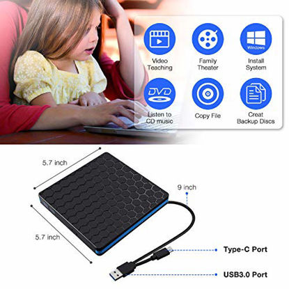 Picture of External DVD Drive, M WAY USB 3.0 Type C CD Drive, Dual Port DVD Player, Portable Optical Burner Writer Rewriter, High Speed Data Transfer for Laptop Notebook Desktop PC MAC OS Windows 7/8/10