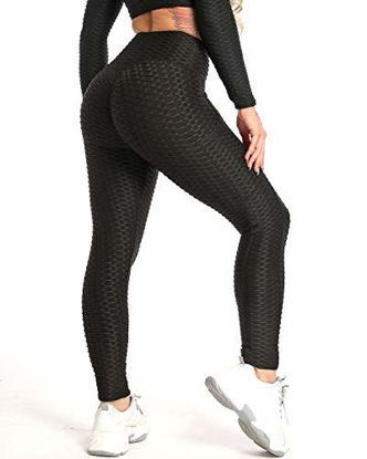 Picture of FITTOO Women's High Waist Leggings Tummy Control Scrunched Booty Tight Workout Running Butt Lift Textured Pants Side Pocket Black Large