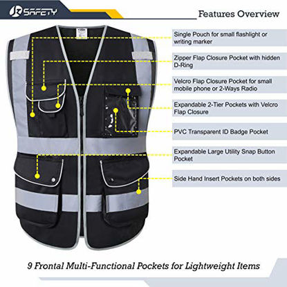 Picture of JKSafety 9 Multi-Functional Pockets Zipper Front Safety Vest With Reflective Strips Meet ANSI/ISEA Standards (Black, X-Large)