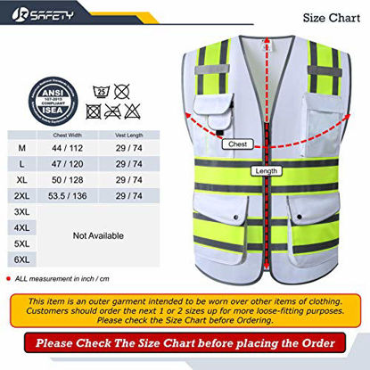 Picture of JKSafety 9 Pockets High Visibility Zipper Front Safety Vest | White with Dual Tone High Reflective Strips | Meets ANSI/ISEA Standards (White Yellow Strips, Large)