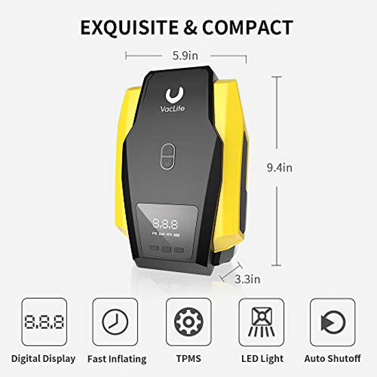 GetUSCart- VacLife Air Compressor Tire Inflator, DC 12V Portable Air  Compressor for Car Tires, Auto Tire Pump with LED Light, Digital Air Pump  for Car Tires, Bicycles and Other Inflatables, Yellow(VL701)