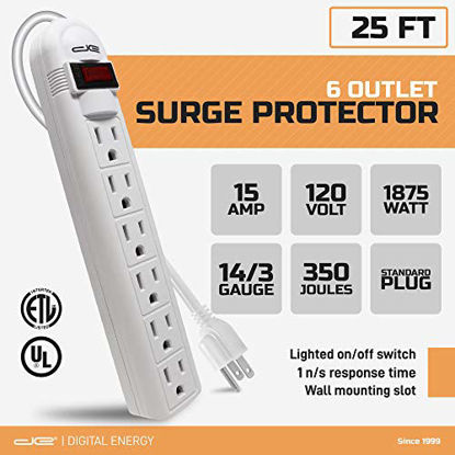 Picture of Digital Energy 6-Outlet Surge Protector Power Strip with 25-Ft Long Extension Cord, White, ETL Listed, UL Standard