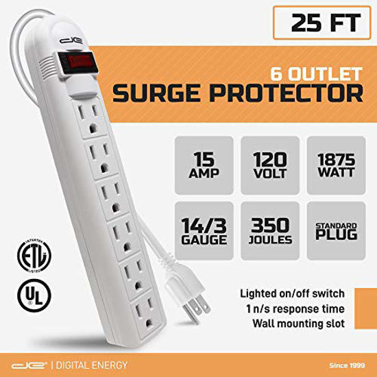 Picture of Digital Energy 6-Outlet Surge Protector Power Strip with 25-Ft Long Extension Cord, White, ETL Listed, UL Standard