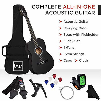 Picture of Best Choice Products 38in Beginner All Wood Acoustic Guitar Starter Kit w/Gig Bag, Digital Tuner, 6 Celluloid Picks, Nylon Strings, Capo, Cloth, Strap w/Pick Holder - Matte Black